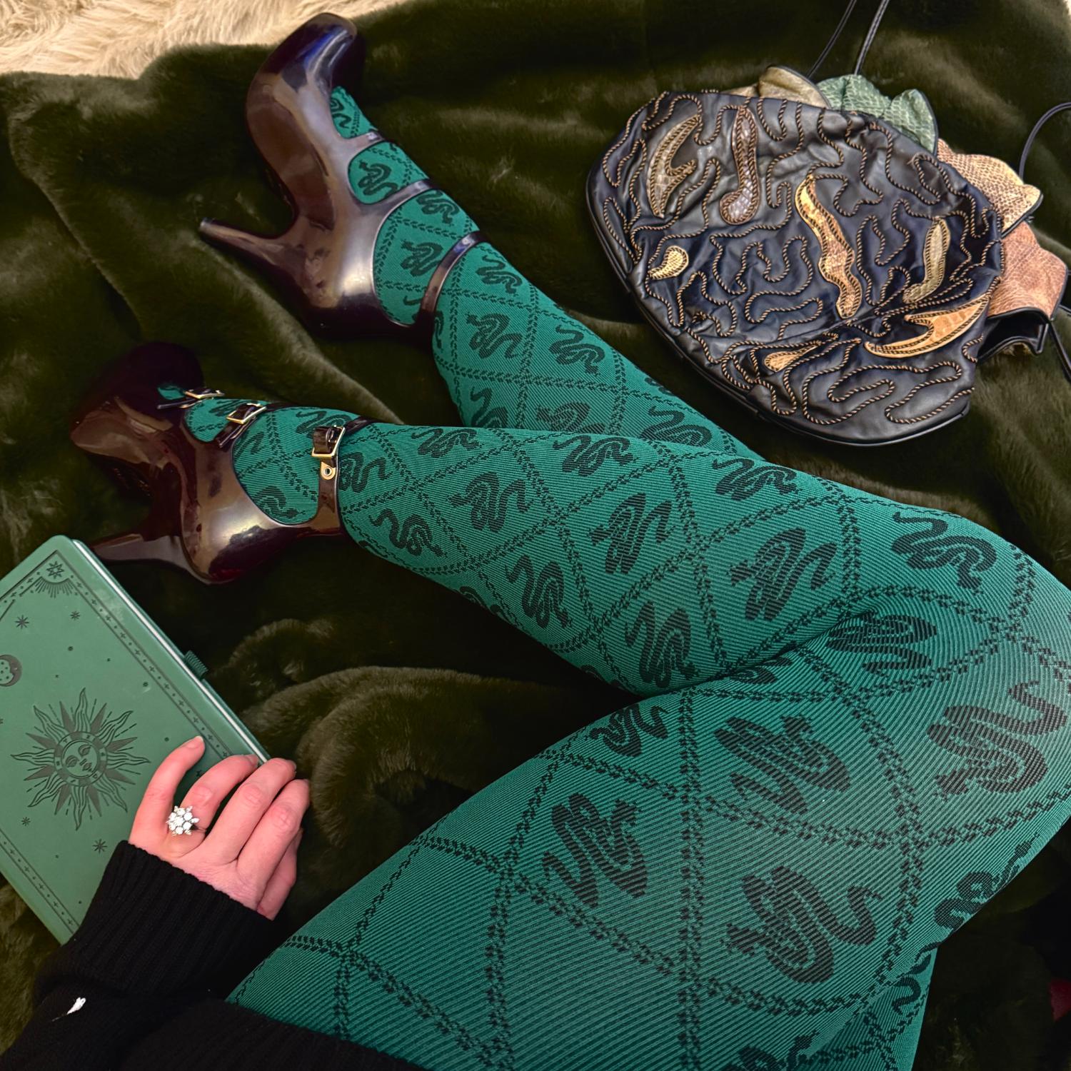 80 Denier Opaque Tights - Corra Snakes - Foliage Green - Image 4