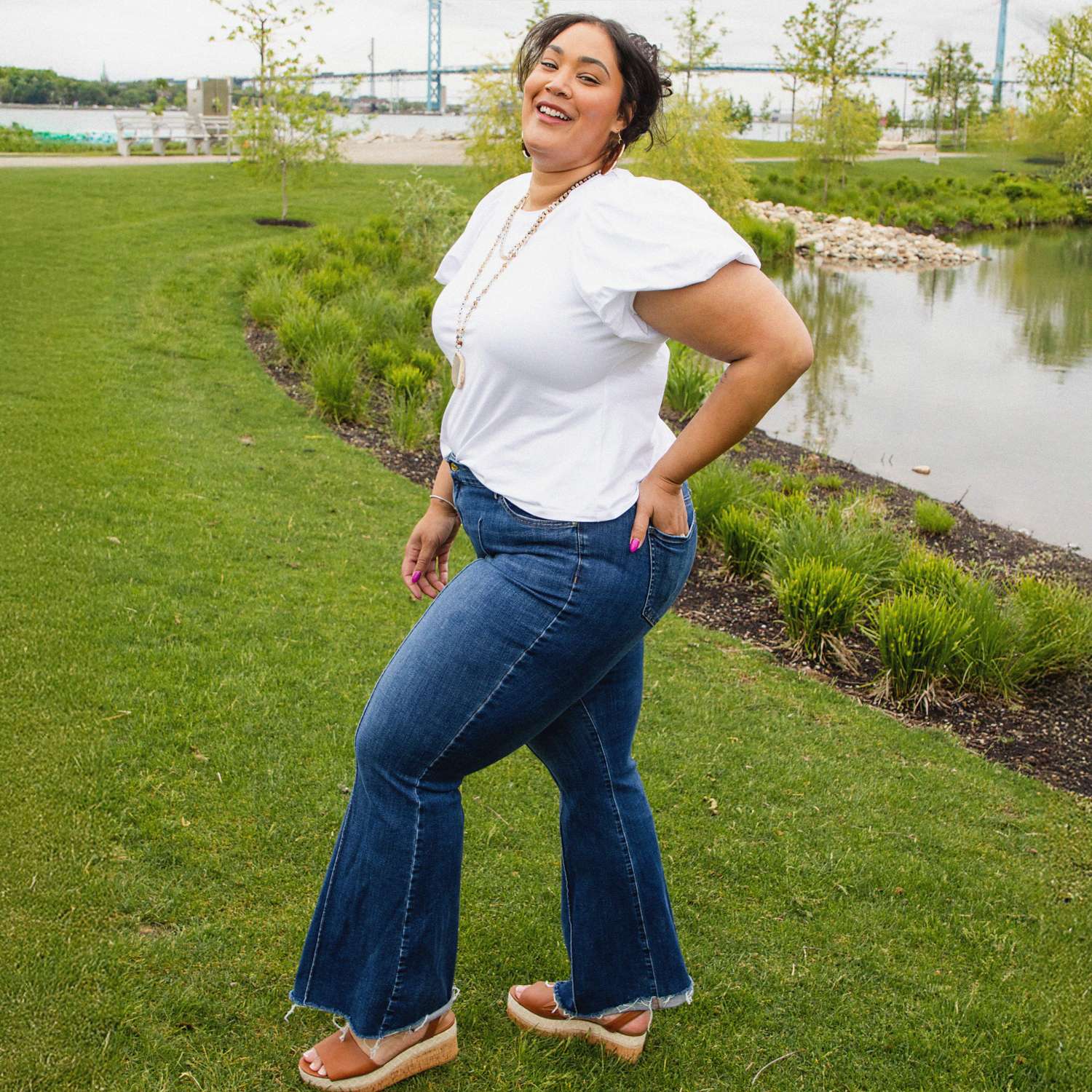 Crew neck Puff Sleeve Tee - White - Image 10