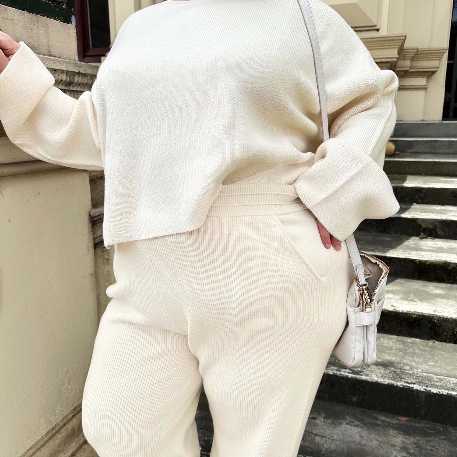 Knit Rib Wide Leg Trousers - Oatmeal - Image 2