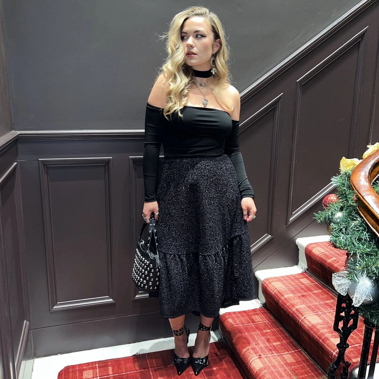 Lurex Tiered Midi Skirt - Black - Image 3