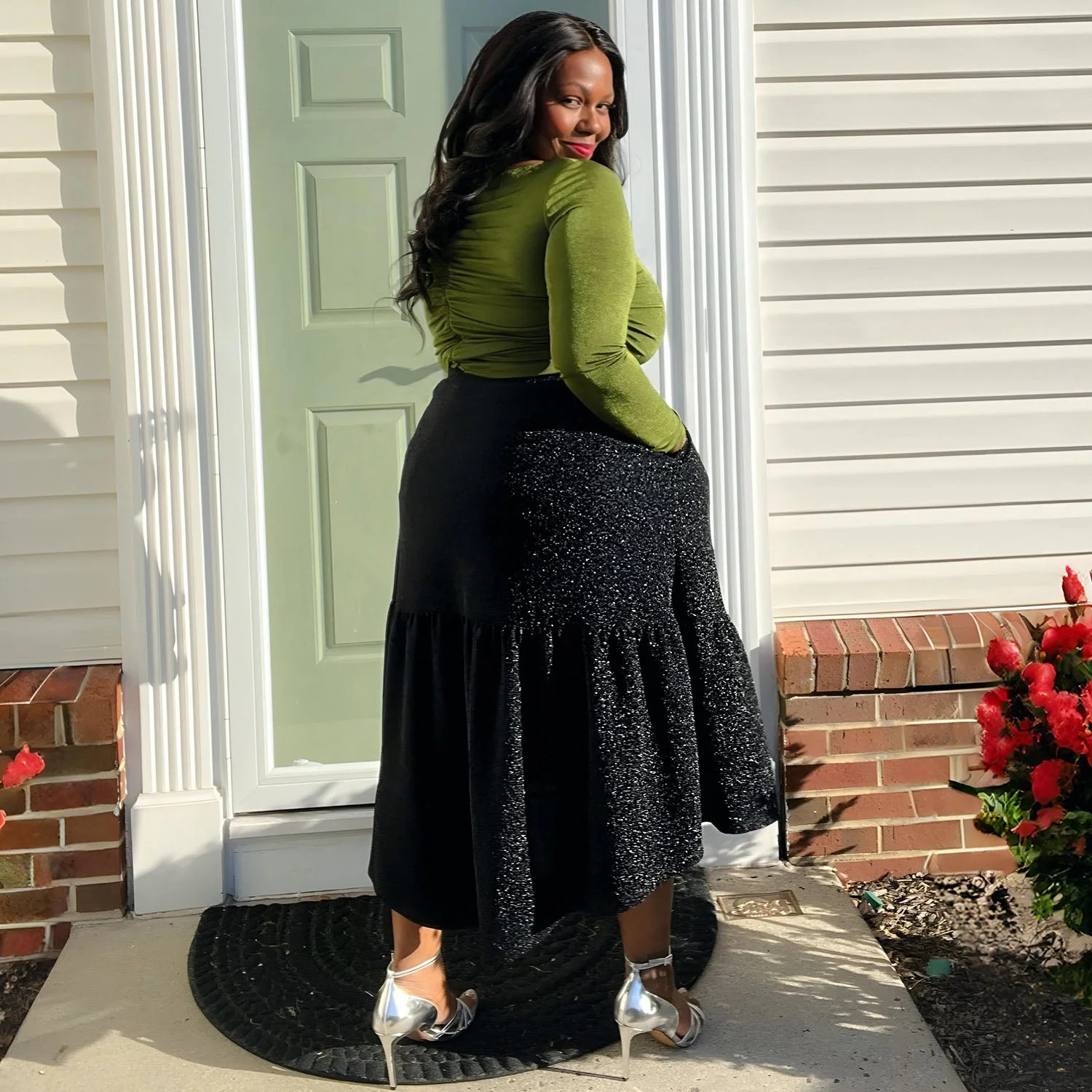 Lurex Tiered Midi Skirt - Black - Image 7