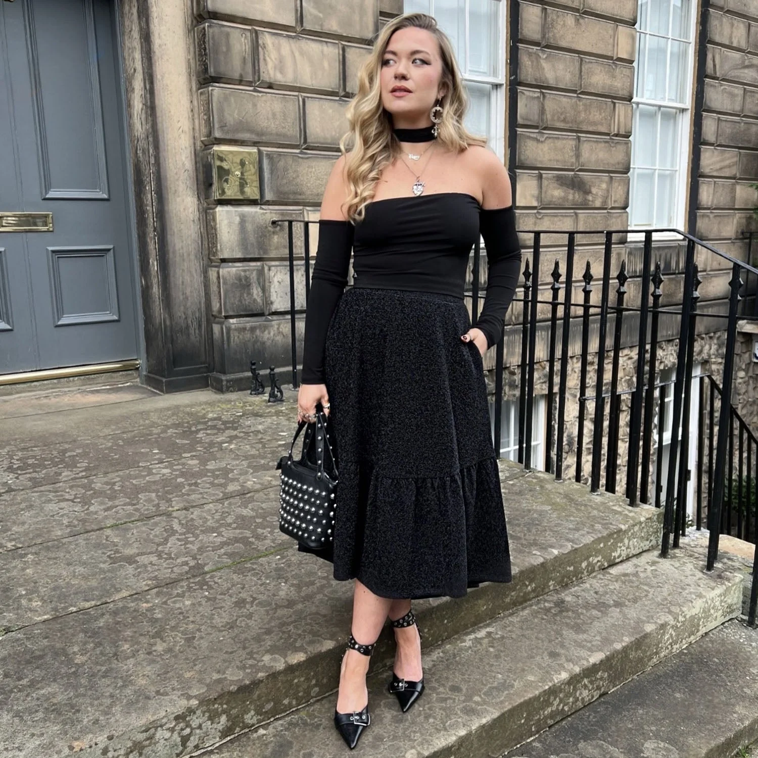 Lurex Tiered Midi Skirt - Black - Image 9