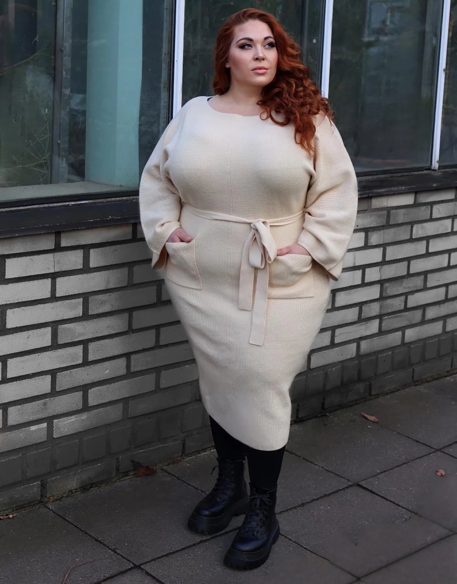 Midi Knitted Cocoon Dress - Oatmeal - Image 3