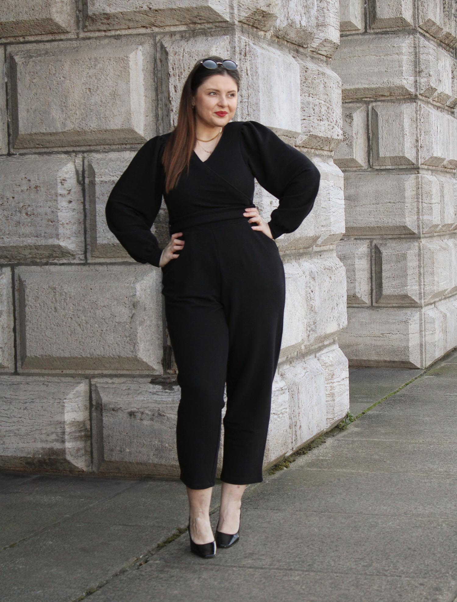 Ottoman Long Sleeve Wrap Jumpsuit - Black - Image 2