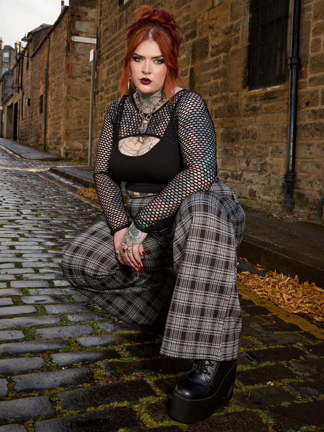 Plaid Wide-Leg Trousers - Black & Grey
