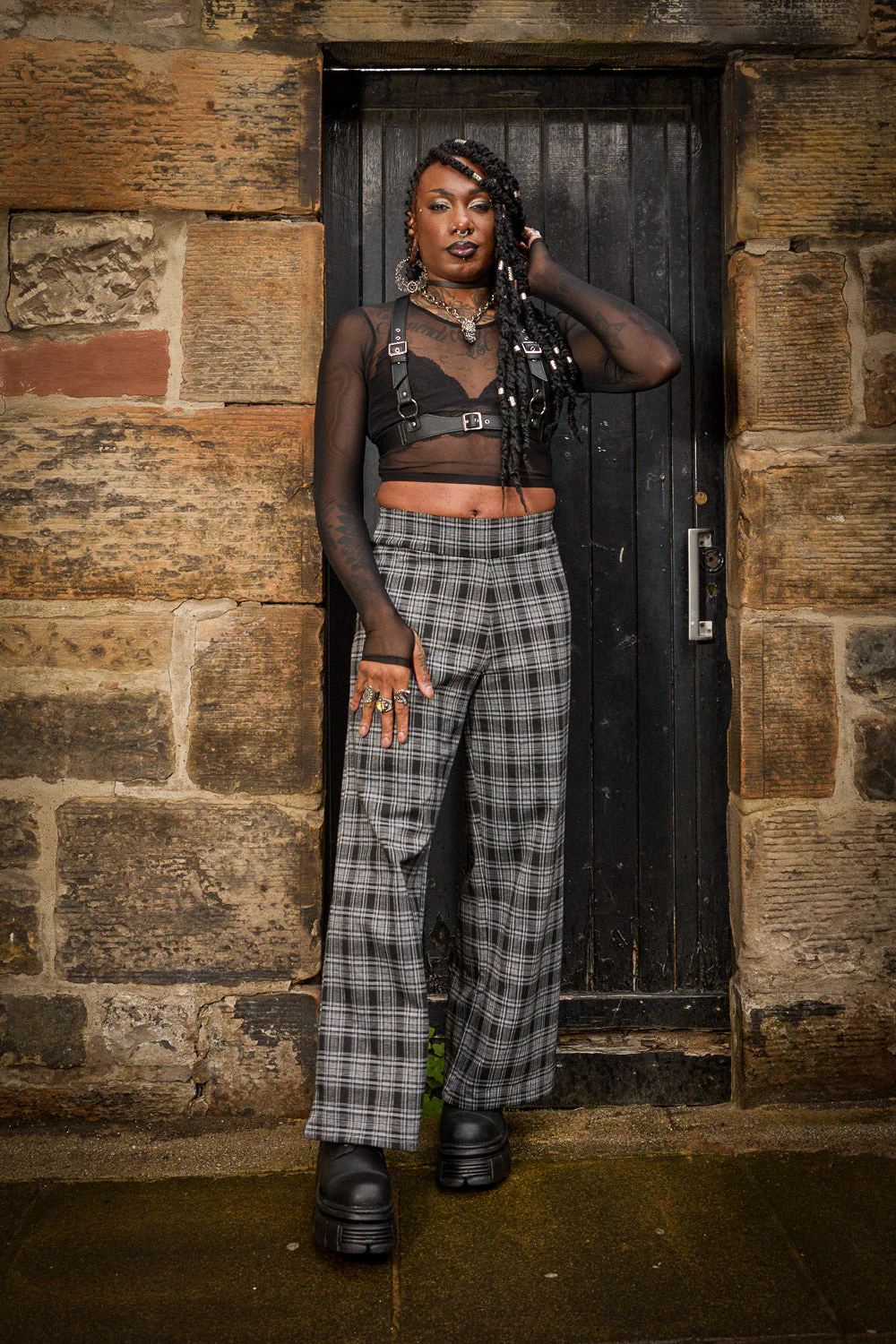Plaid Wide-Leg Trousers - Black & Grey - Image 2