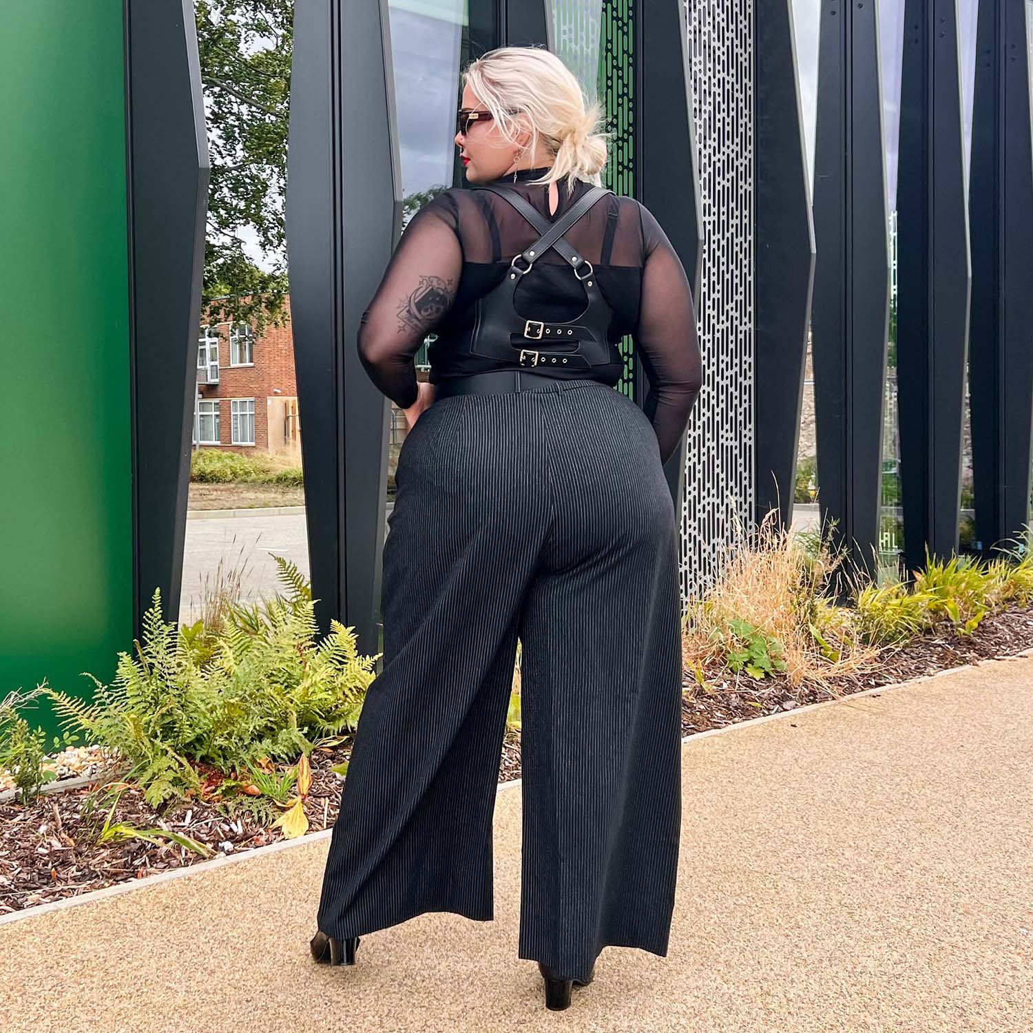 Wide Leg Pinstripe Tailored Trousers - Black - Image 13