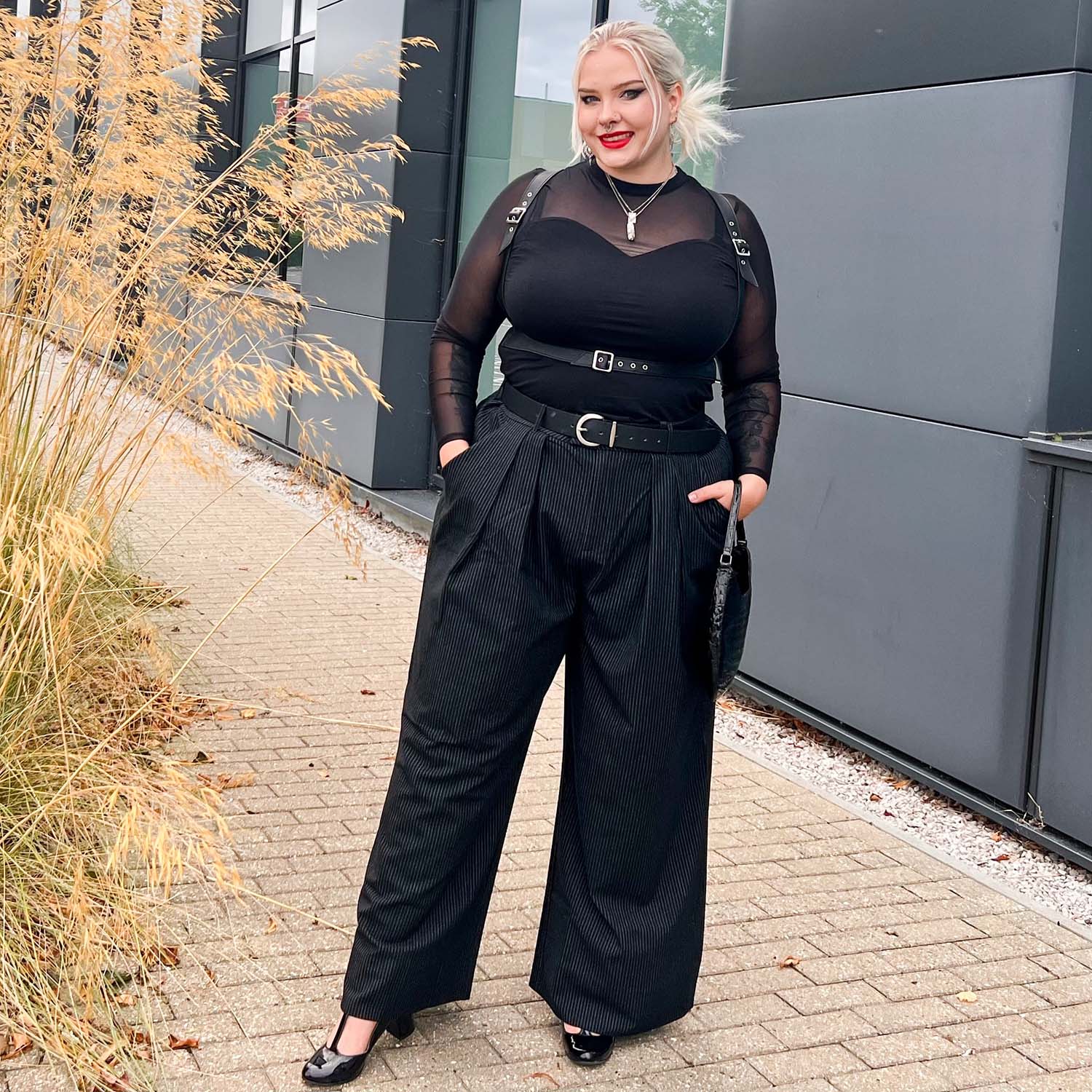 Wide Leg Pinstripe Tailored Trousers - Black - Image 5