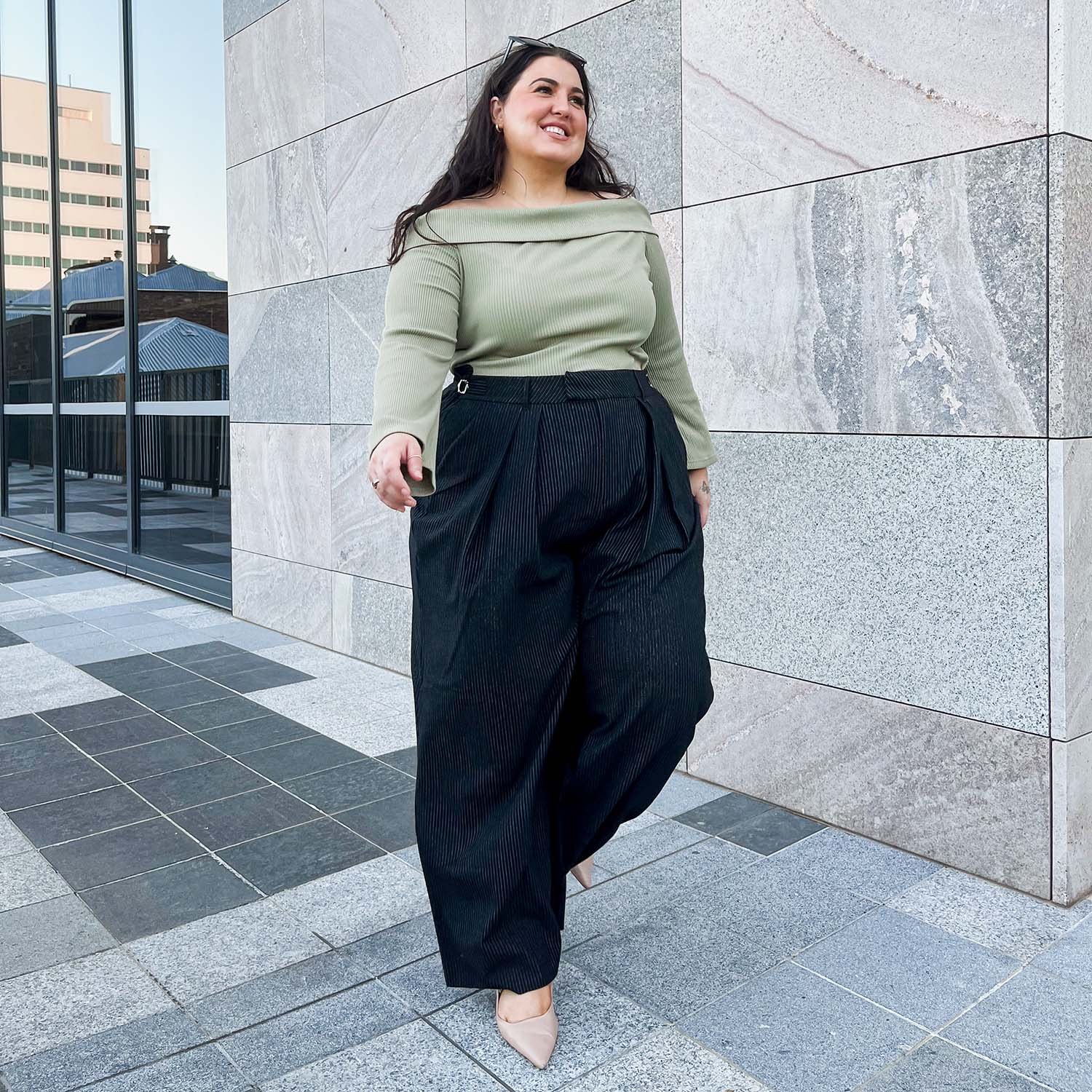 Wide Leg Pinstripe Tailored Trousers - Black - Image 7