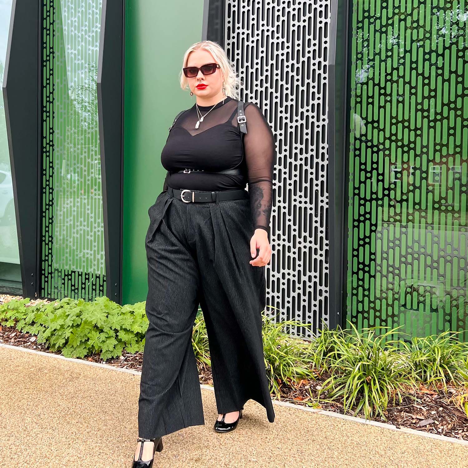 Wide Leg Pinstripe Tailored Trousers - Black - Image 9