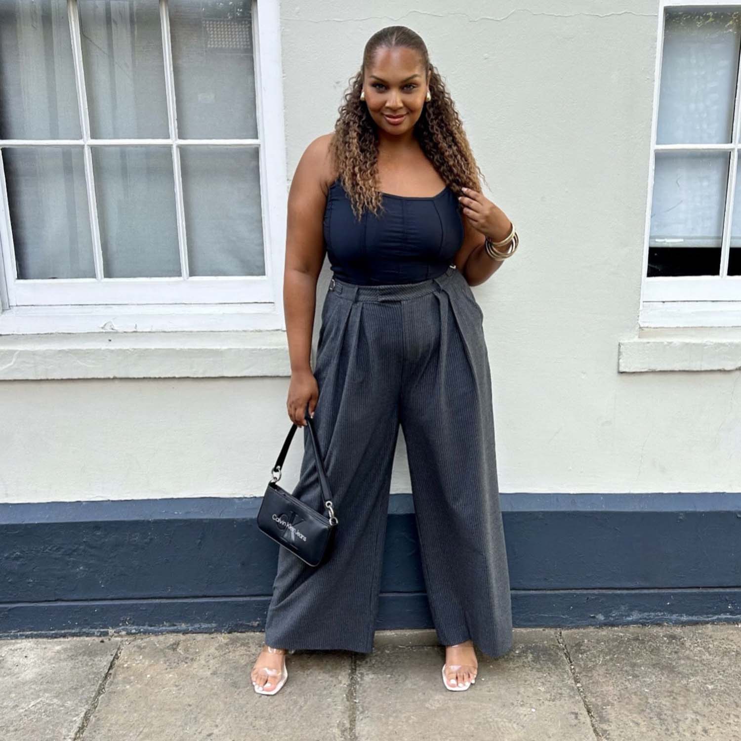 Wide Leg Pinstripe Tailored Trousers - Charcoal - Image 2