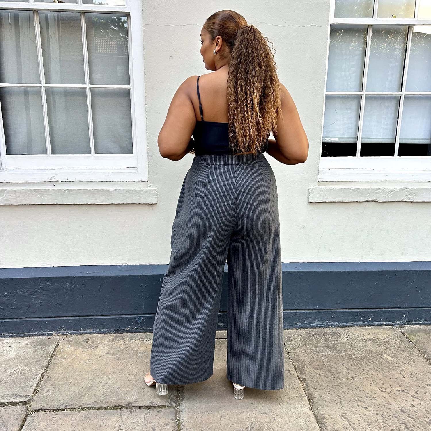 Wide Leg Pinstripe Tailored Trousers - Charcoal - Image 3