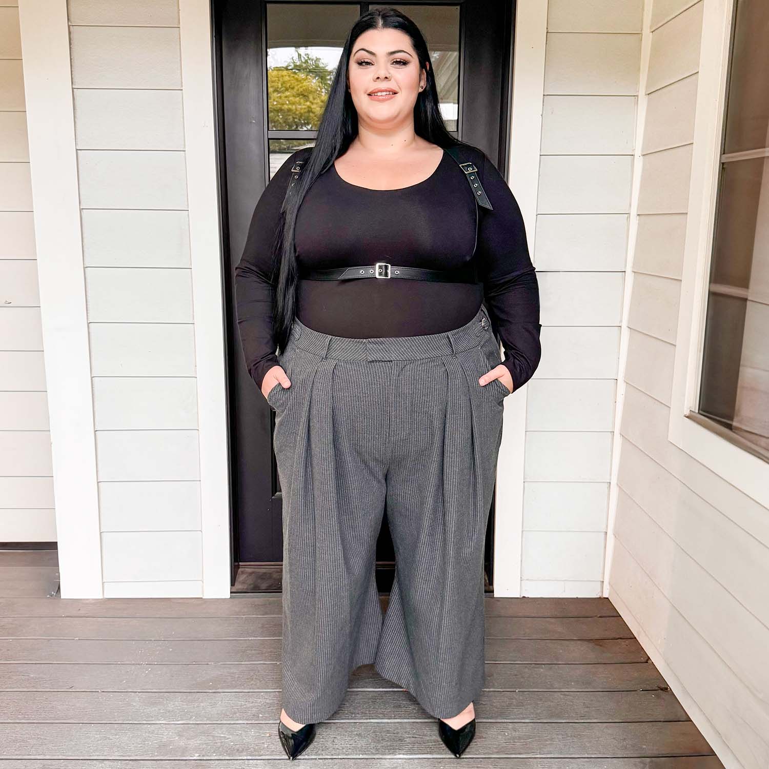 Wide Leg Pinstripe Tailored Trousers - Charcoal - Image 6